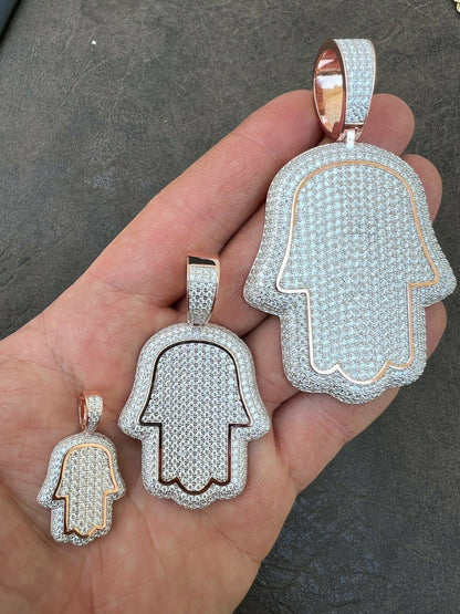 HarlemBling Real MOISSANITE 14k Rose Gold Vermeil Hamsa Hand Iced Pendant Pass Diamond Test