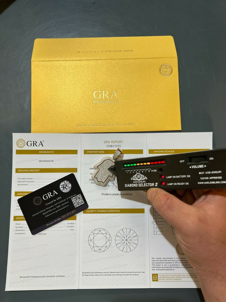 HarlemBling Real MOISSANITE 14k Rose Gold Vermeil Hamsa Hand Iced Pendant Pass Diamond Test