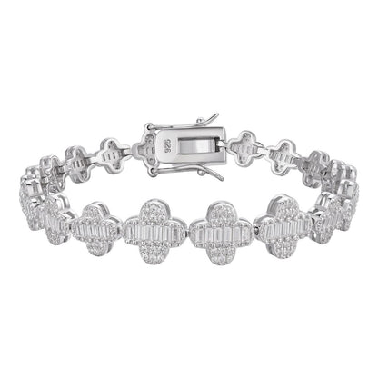 HarlemBling Real MOISSANITE 925 Silver 12mm Iced Baguette Clover Graduated Tennis Bracelet