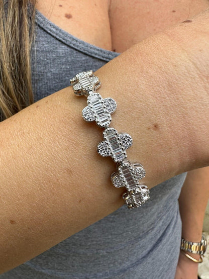HarlemBling Real MOISSANITE 925 Silver 12mm Iced Baguette Clover Graduated Tennis Bracelet
