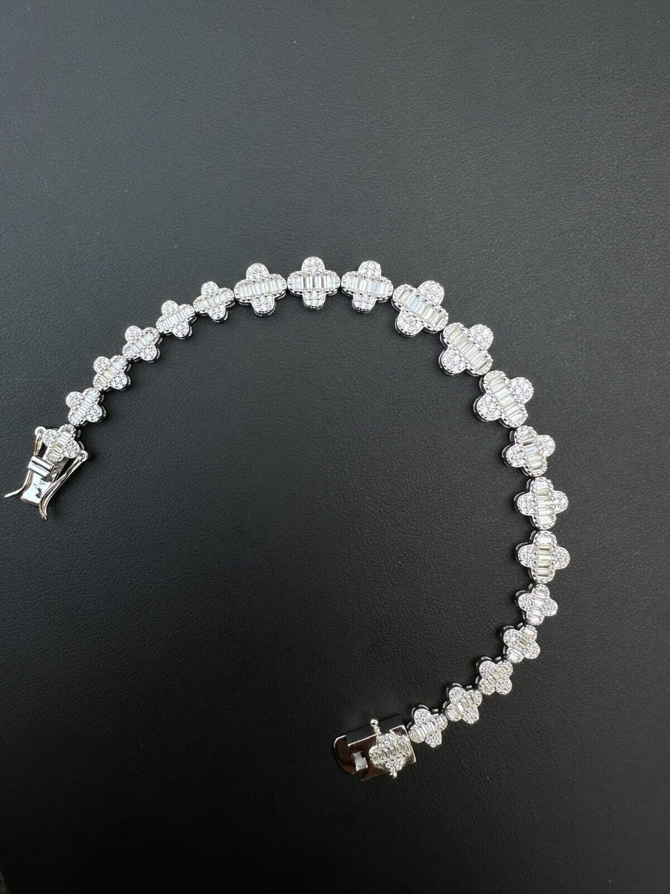 HarlemBling Real MOISSANITE 925 Silver 12mm Iced Baguette Clover Graduated Tennis Bracelet
