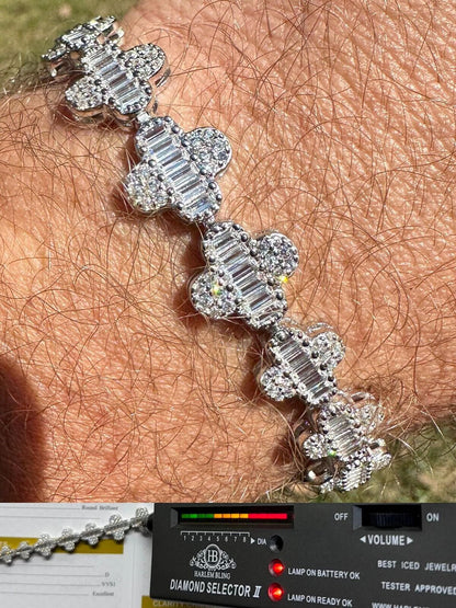 HarlemBling Real MOISSANITE 925 Silver 12mm Iced Baguette Clover Graduated Tennis Bracelet