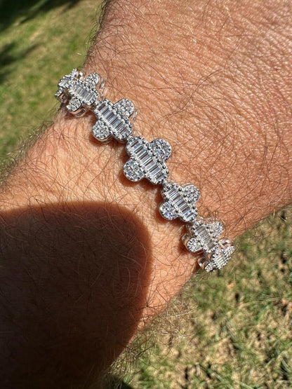 HarlemBling Real MOISSANITE 925 Silver 12mm Iced Baguette Clover Graduated Tennis Bracelet