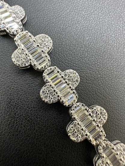 HarlemBling Real MOISSANITE 925 Silver 12mm Iced Baguette Clover Graduated Tennis Bracelet