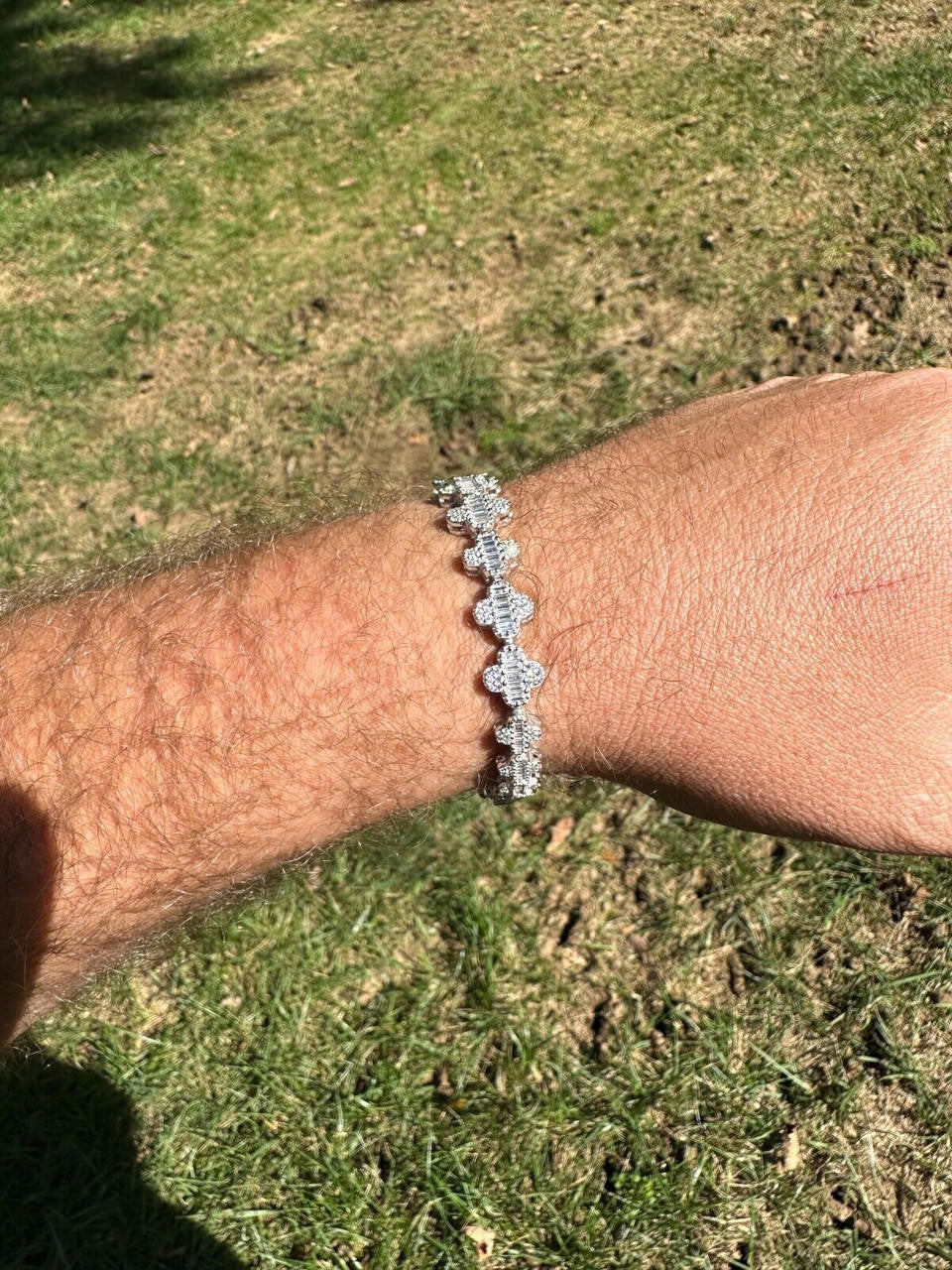 HarlemBling Real MOISSANITE 925 Silver 12mm Iced Baguette Clover Graduated Tennis Bracelet