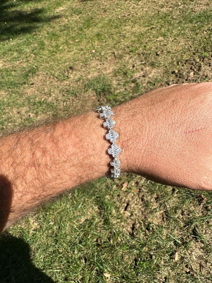 HarlemBling Real MOISSANITE 925 Silver 12mm Iced Baguette Clover Graduated Tennis Bracelet