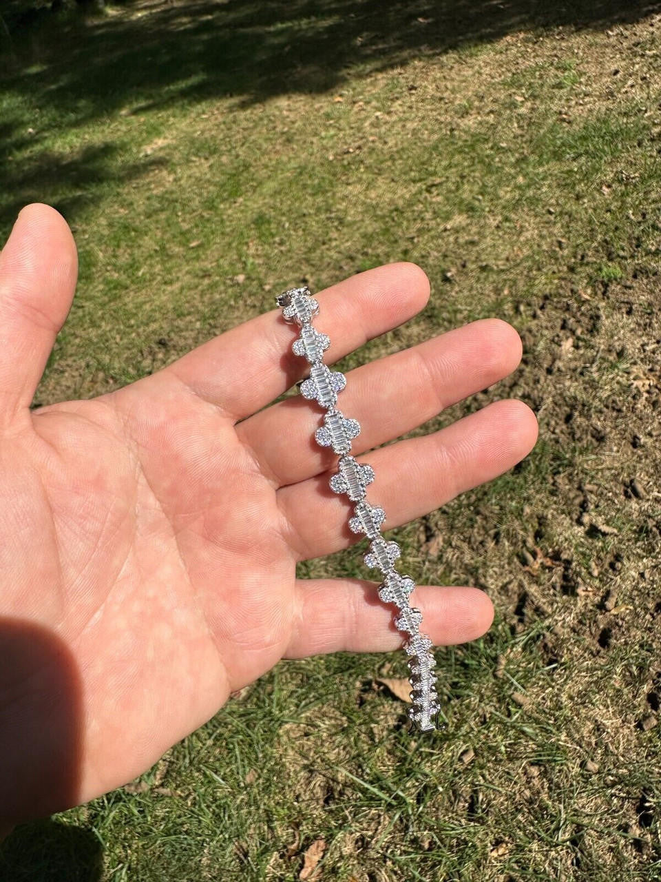 HarlemBling Real MOISSANITE 925 Silver 12mm Iced Baguette Clover Graduated Tennis Bracelet