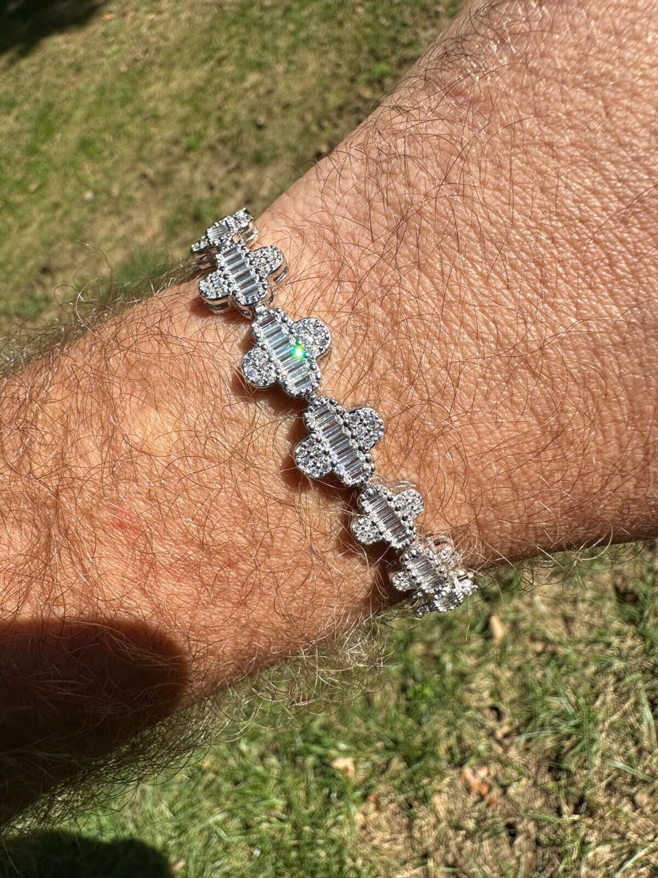 HarlemBling Real MOISSANITE 925 Silver 12mm Iced Baguette Clover Graduated Tennis Bracelet