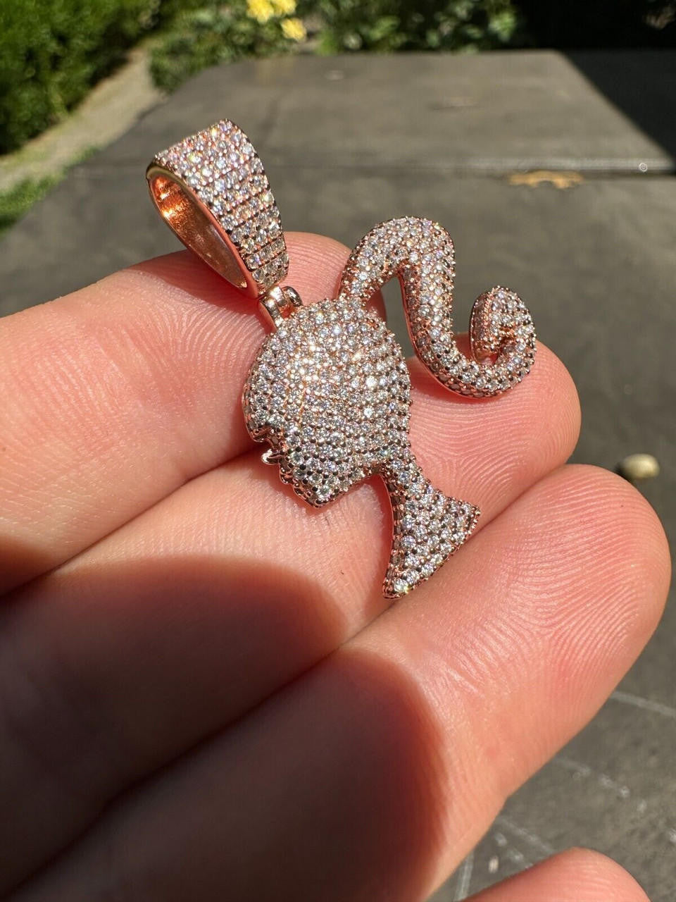 HarlemBling Real MOISSANITE 925 Silver Barbie Doll Pendant Necklace 14k Gold Plated Iced