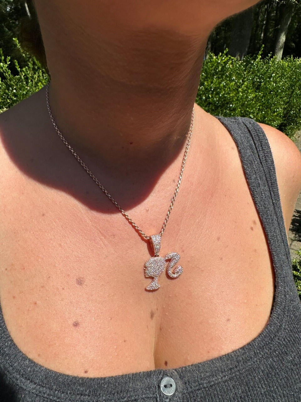 HarlemBling Real MOISSANITE 925 Silver Barbie Doll Pendant Necklace 14k Gold Plated Iced