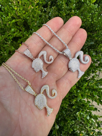 HarlemBling Real MOISSANITE 925 Silver Barbie Doll Pendant Necklace 14k Gold Plated Iced