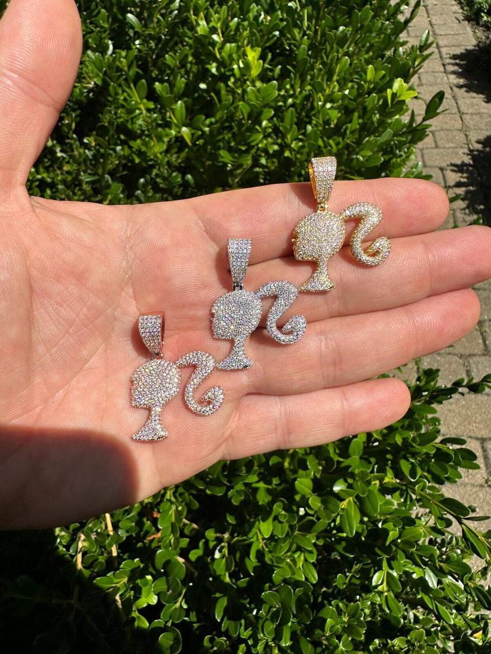 HarlemBling Real MOISSANITE 925 Silver Barbie Doll Pendant Necklace 14k Gold Plated Iced