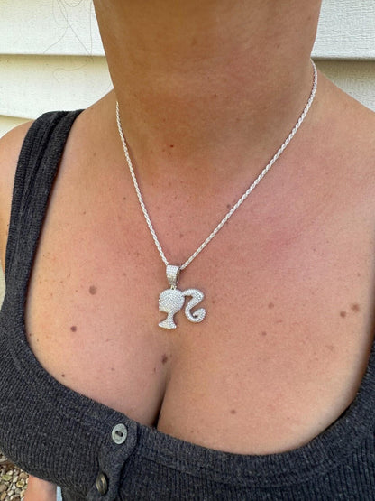 HarlemBling Real MOISSANITE 925 Silver Barbie Doll Pendant Necklace 14k Gold Plated Iced