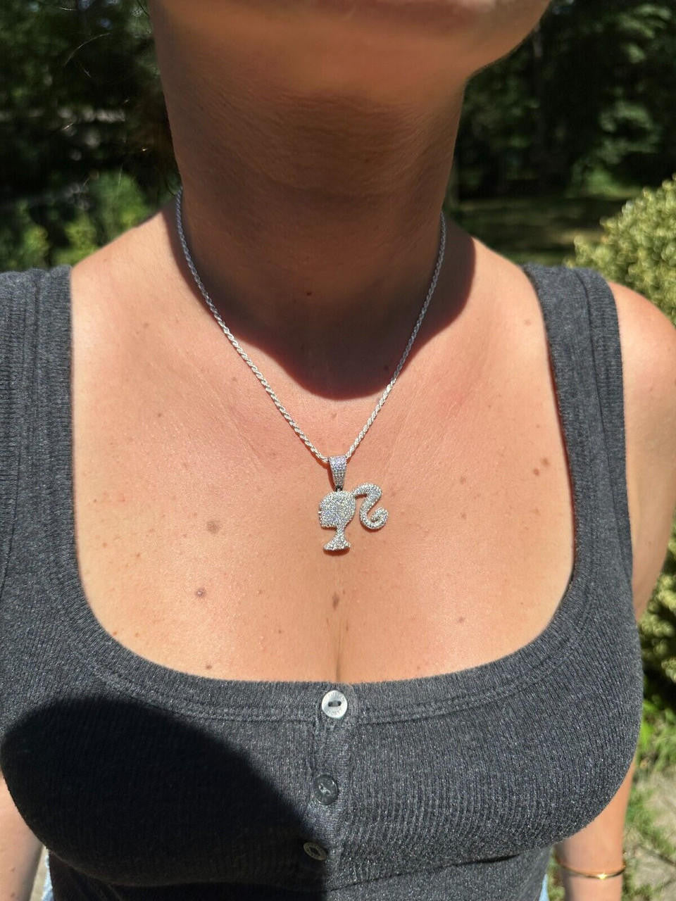 HarlemBling Real MOISSANITE 925 Silver Barbie Doll Pendant Necklace 14k Gold Plated Iced