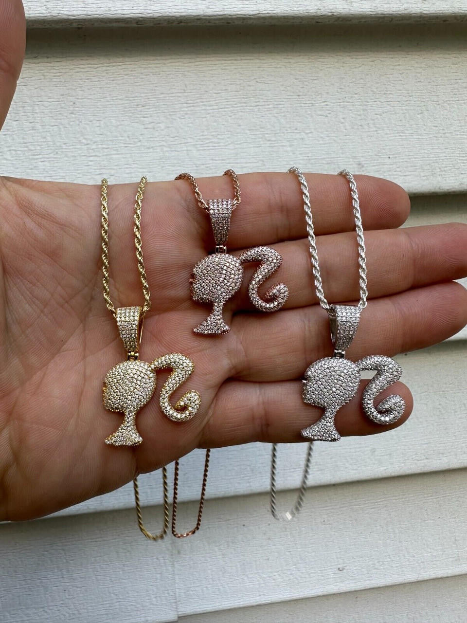 HarlemBling Real MOISSANITE 925 Silver Barbie Doll Pendant Necklace 14k Gold Plated Iced