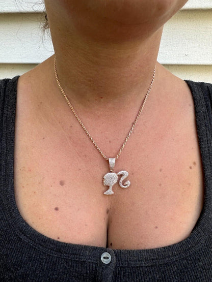 HarlemBling Real MOISSANITE 925 Silver Barbie Doll Pendant Necklace 14k Gold Plated Iced