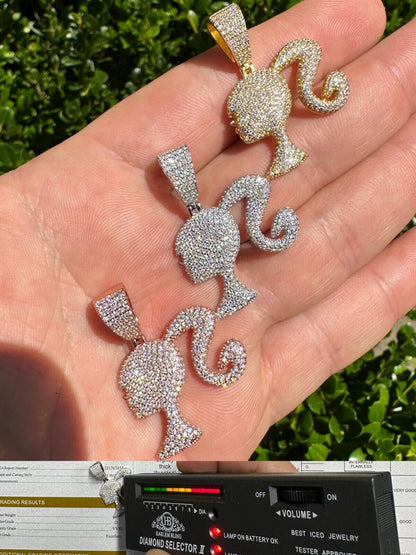 HarlemBling Real MOISSANITE 925 Silver Barbie Doll Pendant Necklace 14k Gold Plated Iced