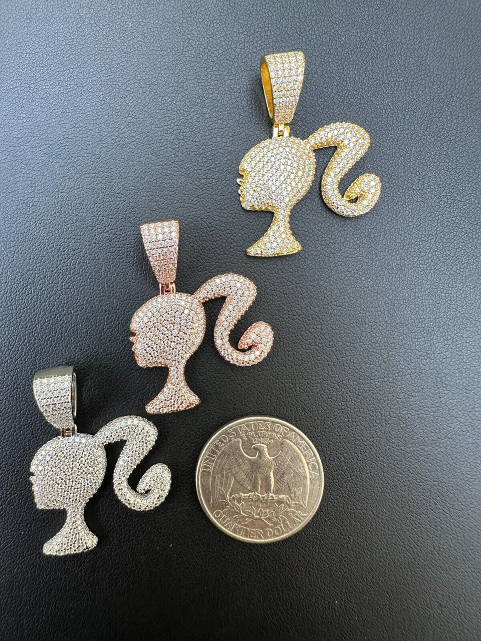 HarlemBling Real MOISSANITE 925 Silver Barbie Doll Pendant Necklace 14k Gold Plated Iced