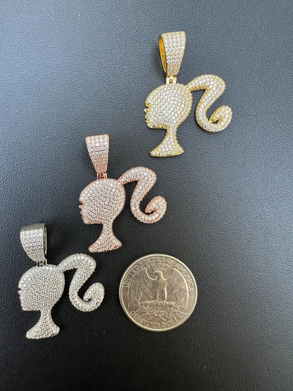 HarlemBling Real MOISSANITE 925 Silver Barbie Doll Pendant Necklace 14k Gold Plated Iced