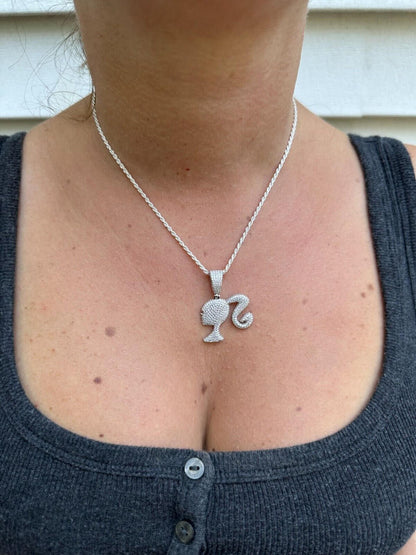 HarlemBling Real MOISSANITE 925 Silver Barbie Doll Pendant Necklace 14k Gold Plated Iced
