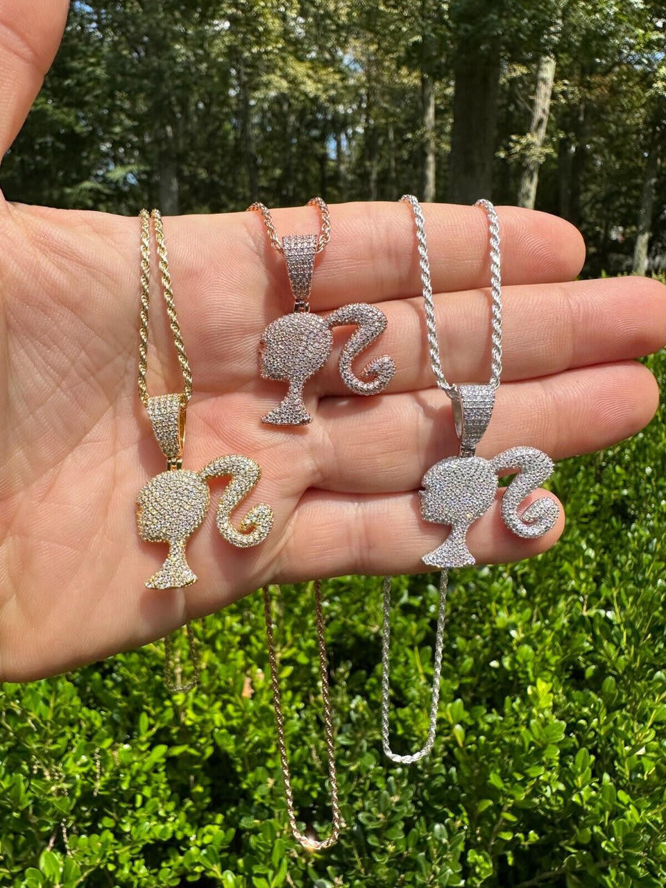 HarlemBling Real MOISSANITE 925 Silver Barbie Doll Pendant Necklace 14k Gold Plated Iced