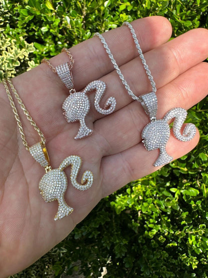HarlemBling Real MOISSANITE 925 Silver Barbie Doll Pendant Necklace 14k Gold Plated Iced