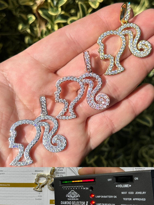 HarlemBling Real MOISSANITE 925 Silver Barbie Doll Pendant Necklace 14k Gold Rose Plated