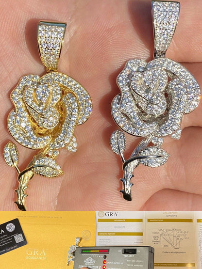 HarlemBling Real MOISSANITE 925 Silver Rose Flower Pendant Necklace Gold Plated 925 Iced