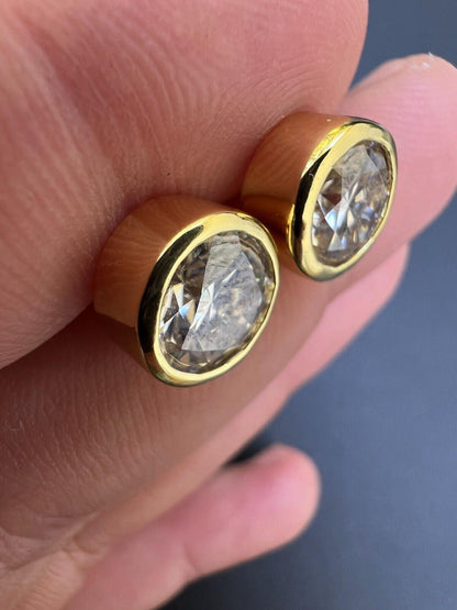 HarlemBling Real Moissanite Bezel Stud Earrings 14k Gold Plated 925 Silver Mens Ladies Iced