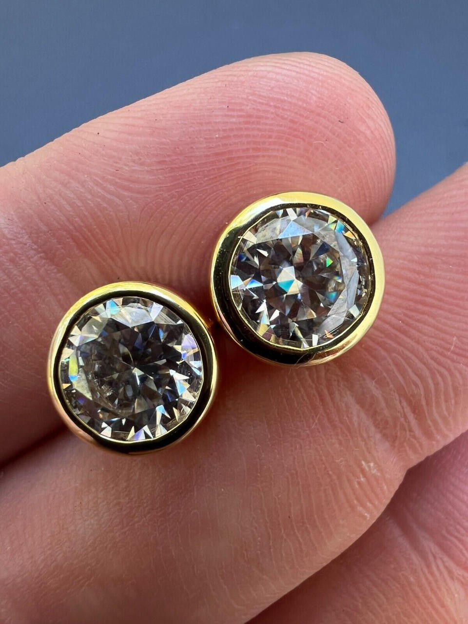HarlemBling Real Moissanite Bezel Stud Earrings 14k Gold Plated 925 Silver Mens Ladies Iced