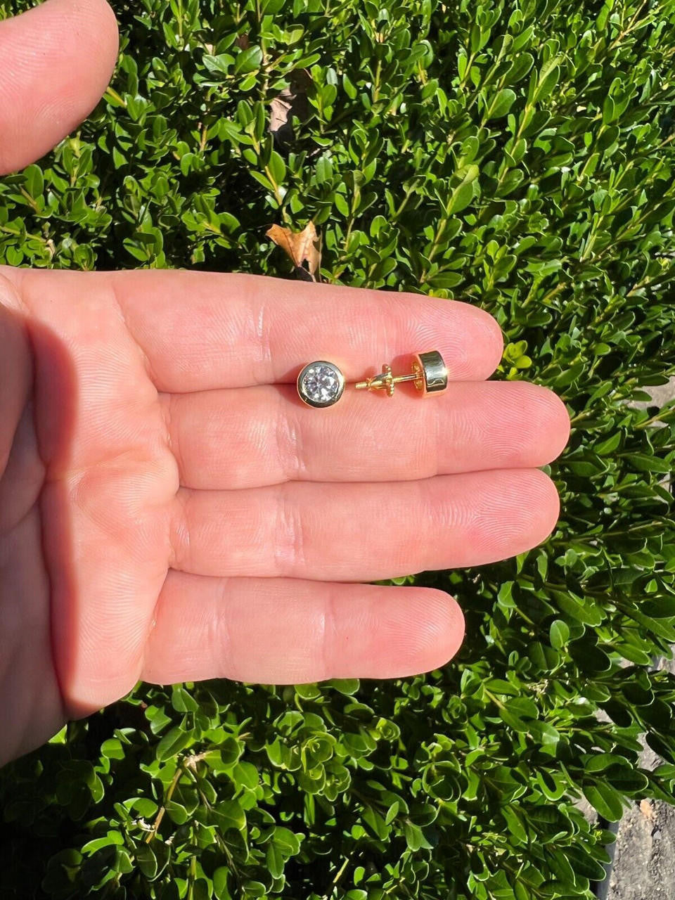 HarlemBling Real Moissanite Bezel Stud Earrings 14k Gold Plated 925 Silver Mens Ladies Iced