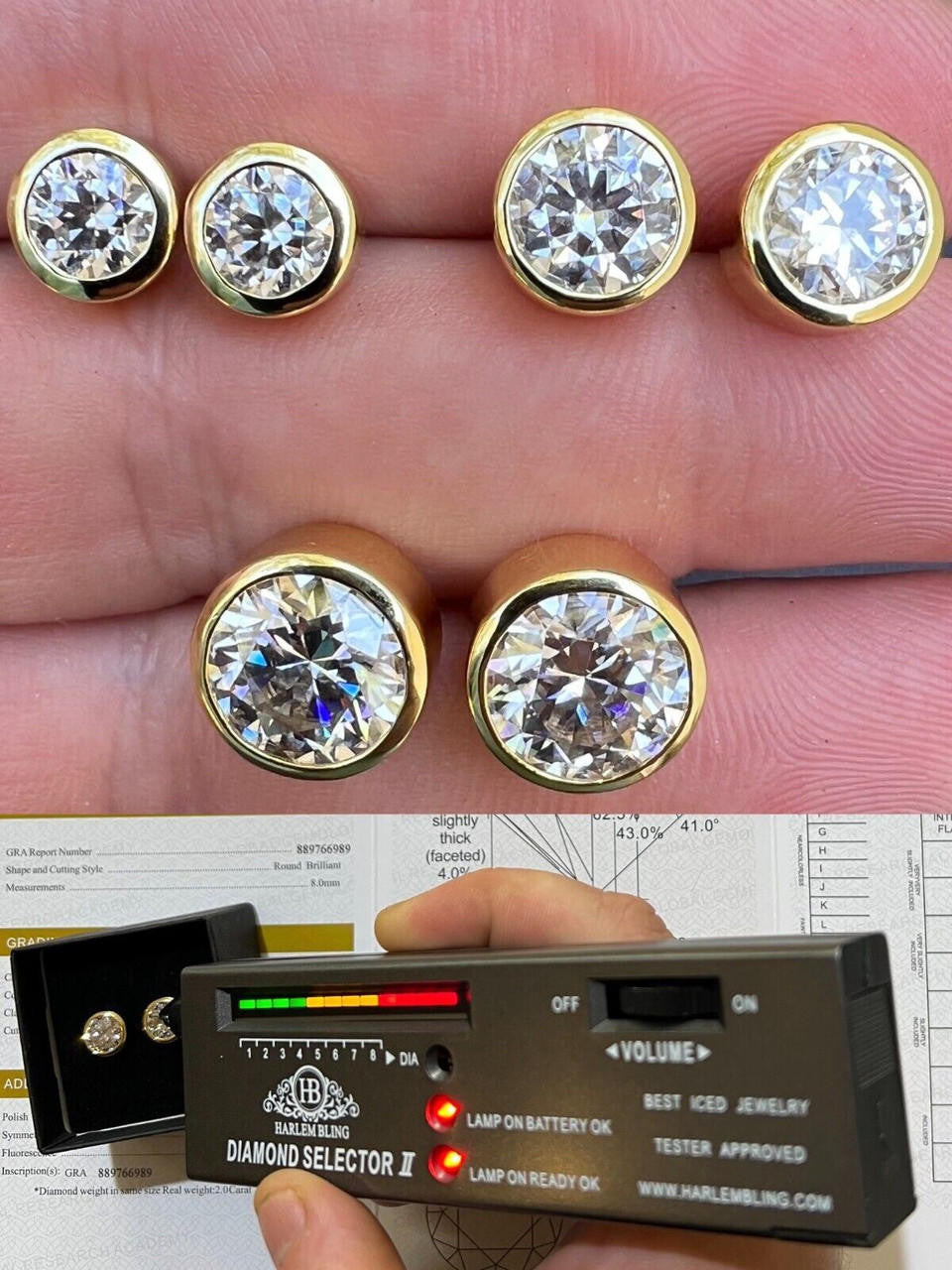 HarlemBling Real Moissanite Bezel Stud Earrings 14k Gold Plated 925 Silver Mens Ladies Iced