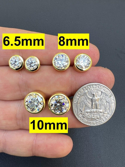 HarlemBling Real Moissanite Bezel Stud Earrings 14k Gold Plated 925 Silver Mens Ladies Iced