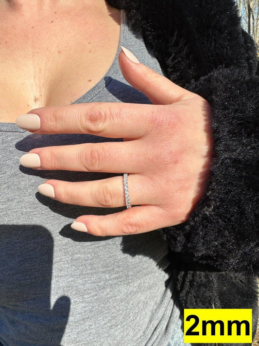 HarlemBling Real Moissanite Eternity Band Wedding Ring Pass Diamond Tester 925 Silver 2-5mm