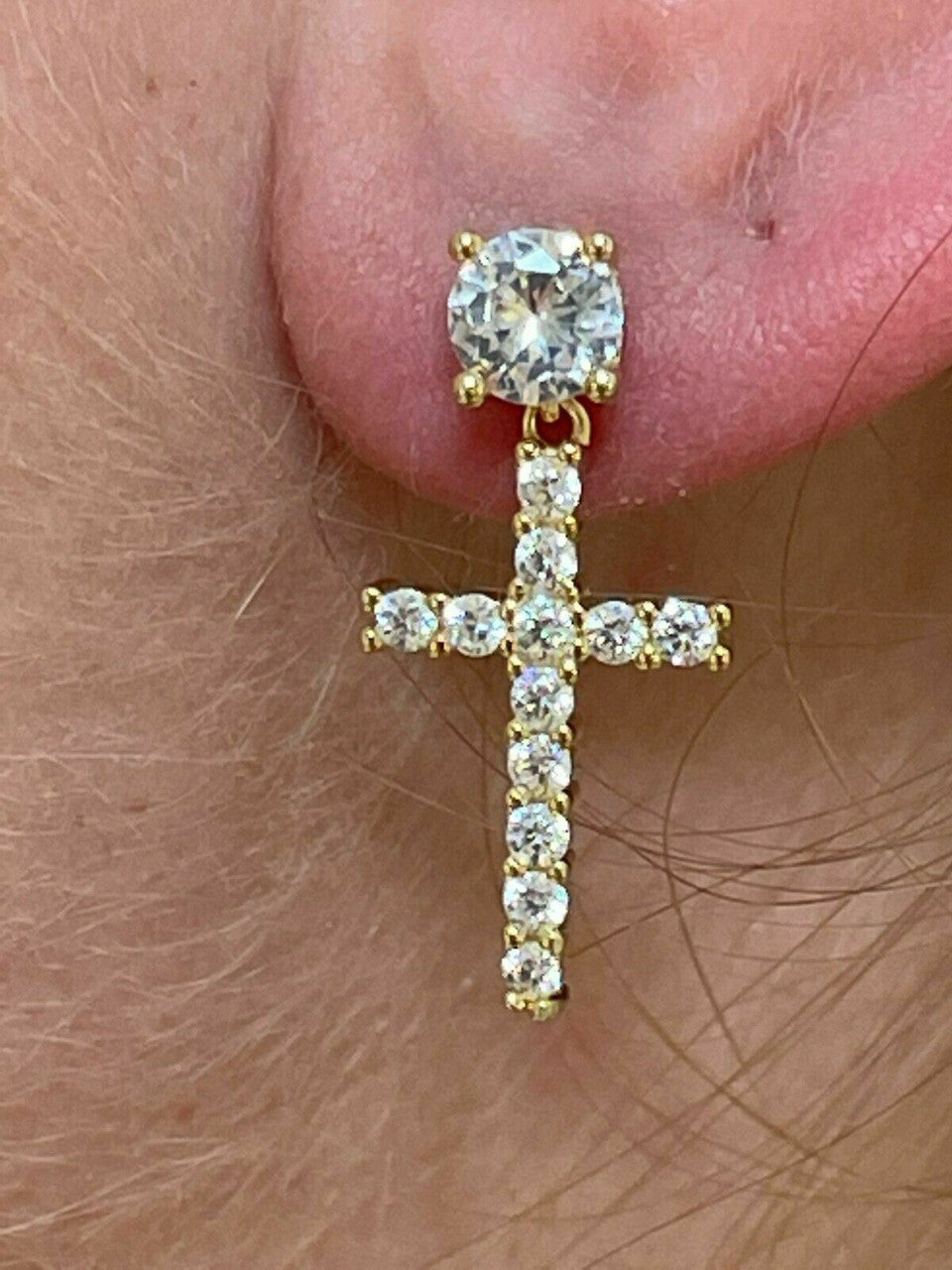HarlemBling Real MOISSANITE Gold Vermeil Dangle Cross Studs Earrings Iced Pass Diamond Test
