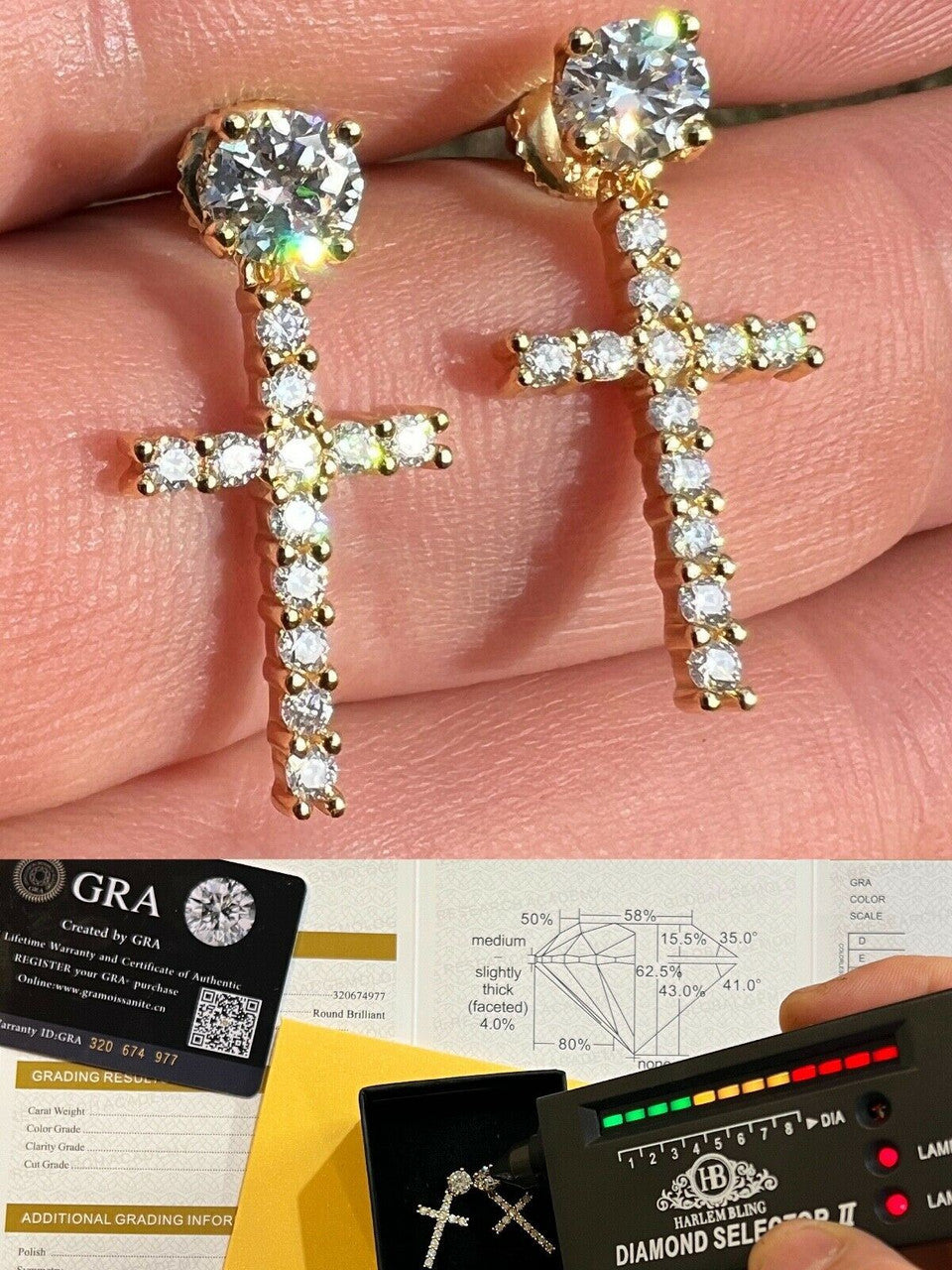 HarlemBling Real MOISSANITE Gold Vermeil Dangle Cross Studs Earrings Iced Pass Diamond Test