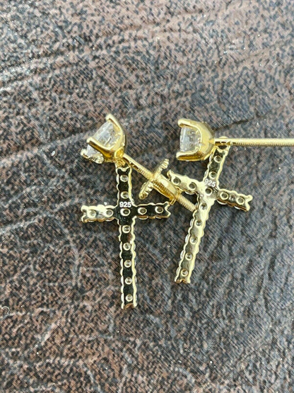 HarlemBling Real MOISSANITE Gold Vermeil Dangle Cross Studs Earrings Iced Pass Diamond Test