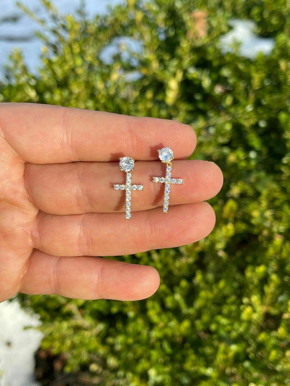 HarlemBling Real MOISSANITE Gold Vermeil Dangle Cross Studs Earrings Iced Pass Diamond Test