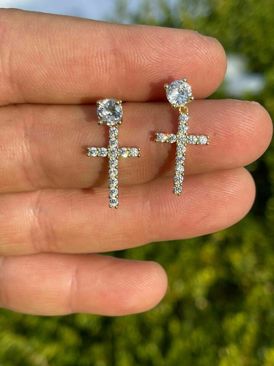 HarlemBling Real MOISSANITE Gold Vermeil Dangle Cross Studs Earrings Iced Pass Diamond Test