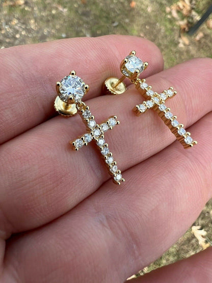 HarlemBling Real MOISSANITE Gold Vermeil Dangle Cross Studs Earrings Iced Pass Diamond Test