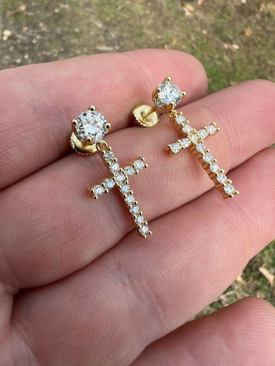 HarlemBling Real MOISSANITE Gold Vermeil Dangle Cross Studs Earrings Iced Pass Diamond Test