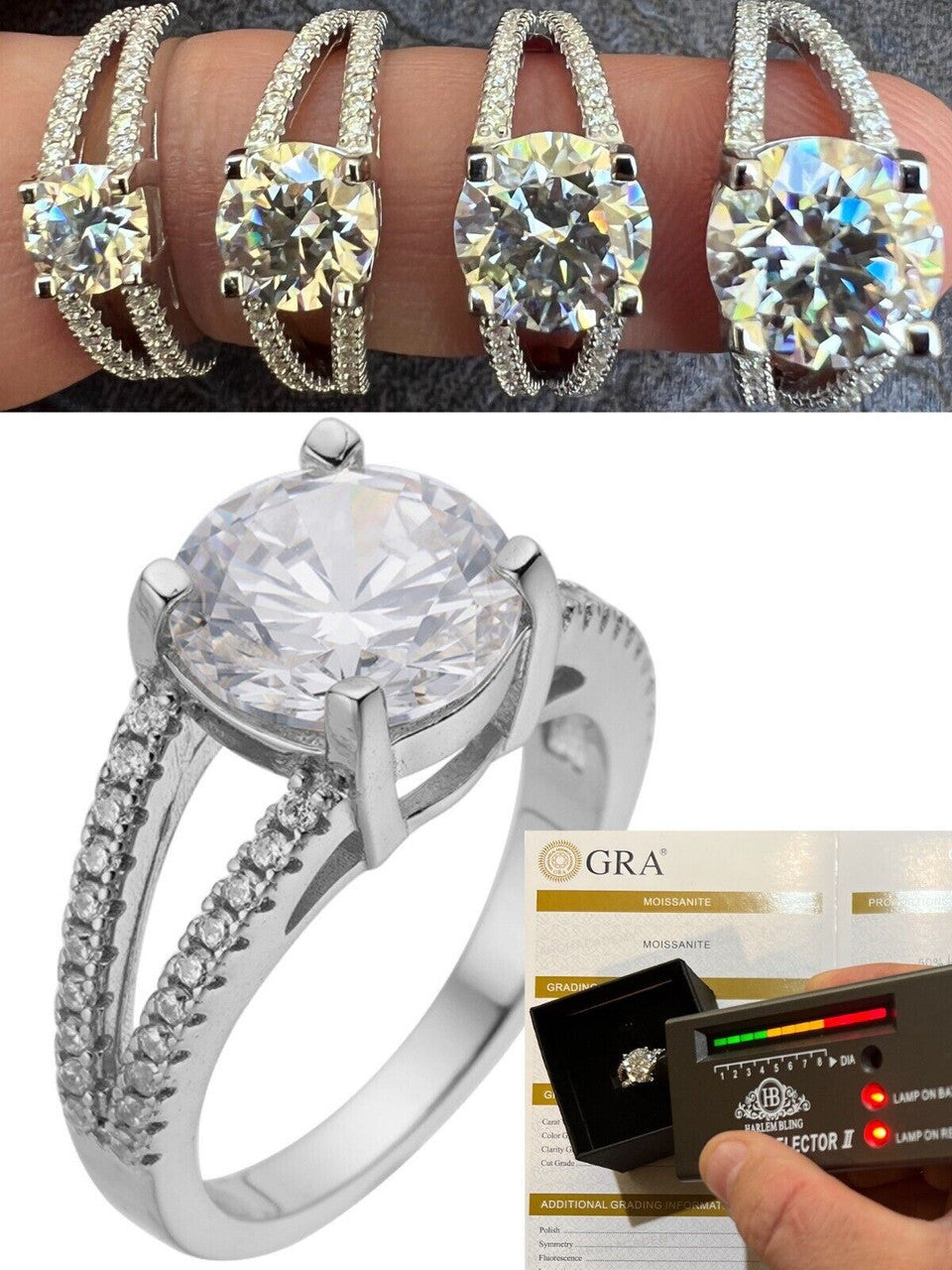 HarlemBling Real Moissanite Halo Engagement Promise Ring 925 Silver Diamond Test  4 Sizes