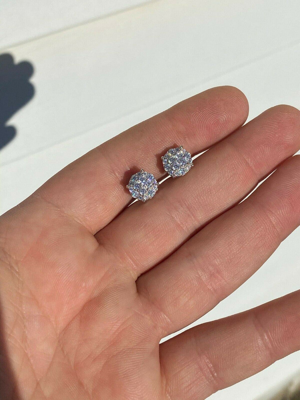 HarlemBling Real MOISSANITE Iced Hip Hop Mens Earrings Cluster Round Studs Pass Diamond Test