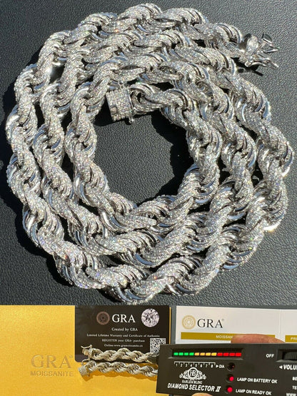 HarlemBling Real MOISSANITE Iced Silver Mens Hip Hop Rope Chain 9mm Thick Pass Diamond Test