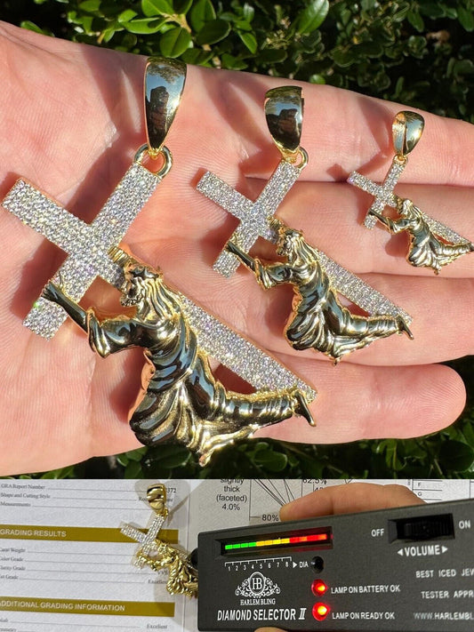 HarlemBling Real MOISSANITE Jesus Carrying Cross Pendant Iced Necklace 14k Gold & 925 Silver