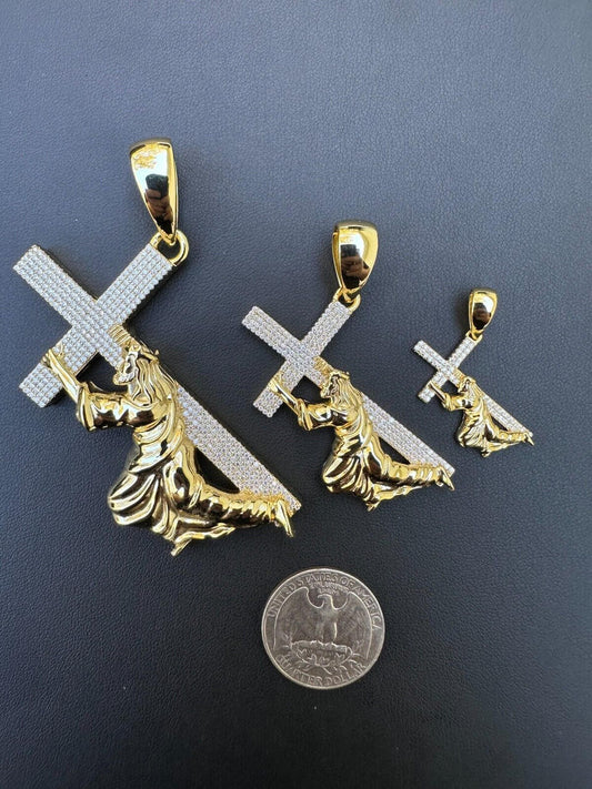 HarlemBling Real MOISSANITE Jesus Carrying Cross Pendant Iced Necklace 14k Gold & 925 Silver