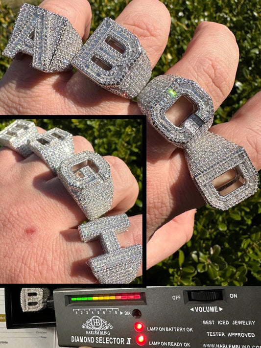 HarlemBling Real MOISSANITE Large Initial Letter Ring Iced Baguette Hip Hop 925 Silver A-Z