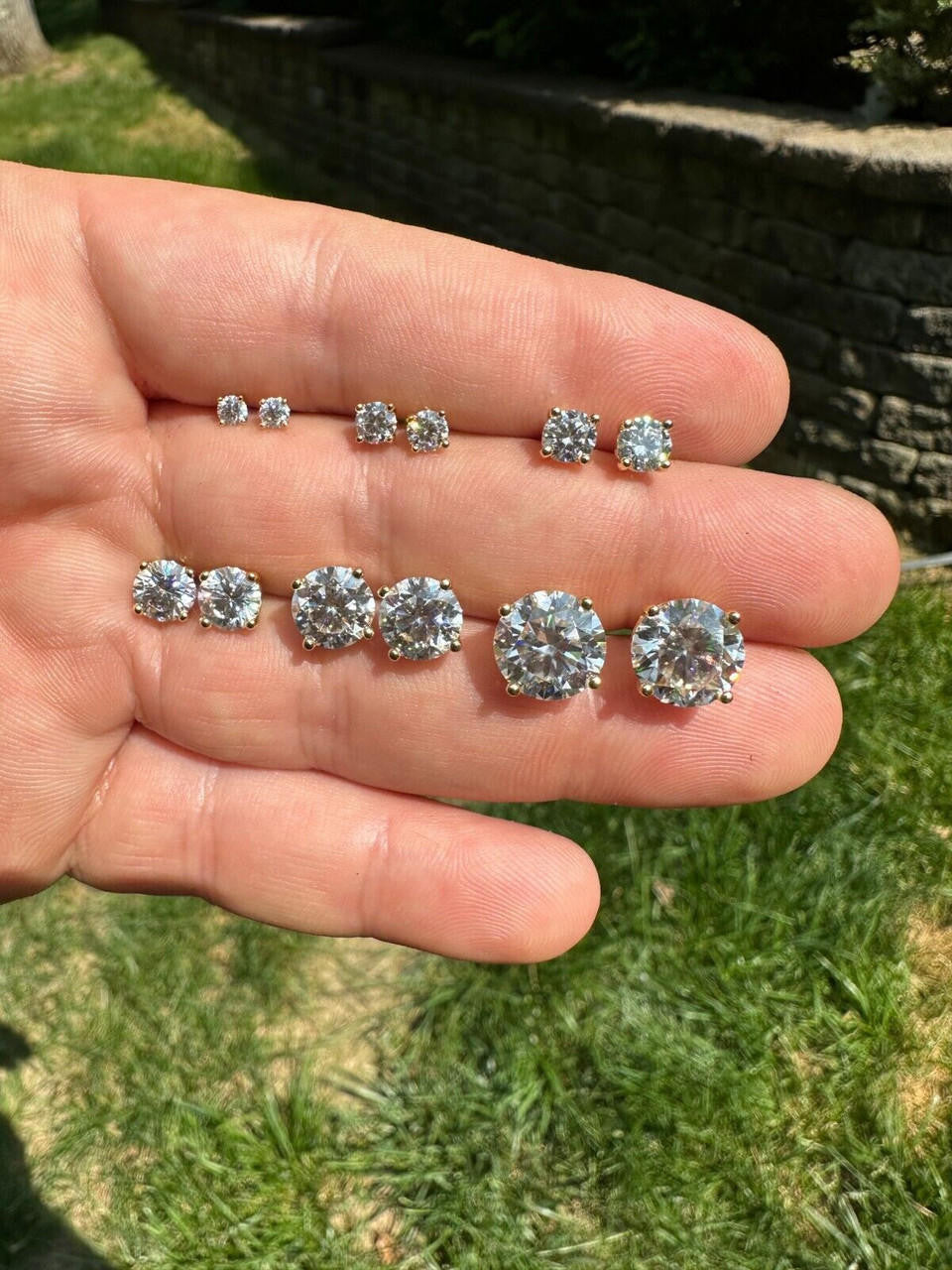 HarlemBling Real Moissanite Pushback Stud Earrings 14k Gold Plated 925 Silver Hip Hop 3-10mm