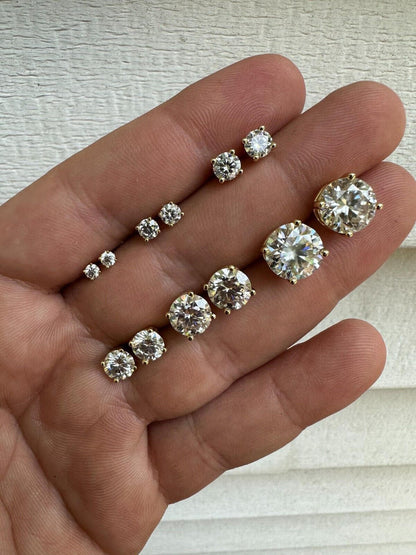 HarlemBling Real Moissanite Pushback Stud Earrings 14k Gold Plated 925 Silver Hip Hop 3-10mm