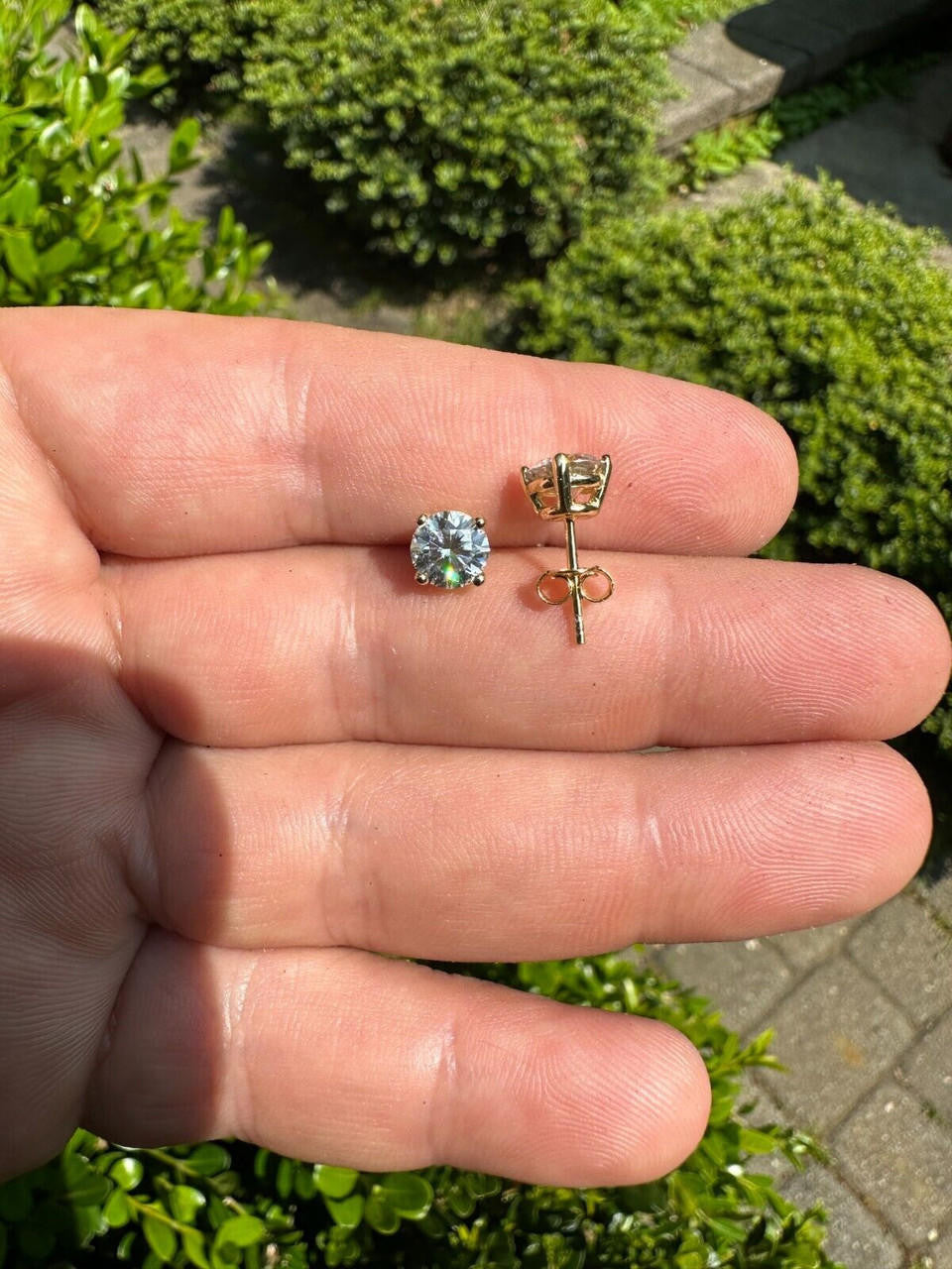 HarlemBling Real Moissanite Pushback Stud Earrings 14k Gold Plated 925 Silver Hip Hop 3-10mm